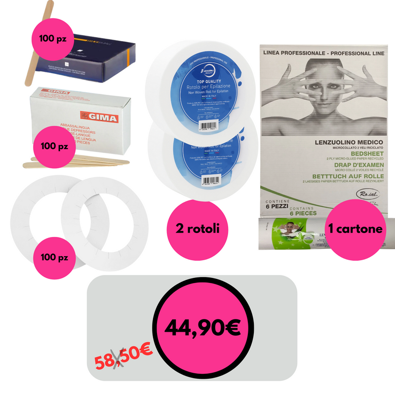 KIT EPILAZIONE - 6 rotoli lettino RO.IAL + 2 rotoli epiazioine top quality B.USAMI + 100 spatole grandi + 50 spatole piccole zone + 100 salvabordo