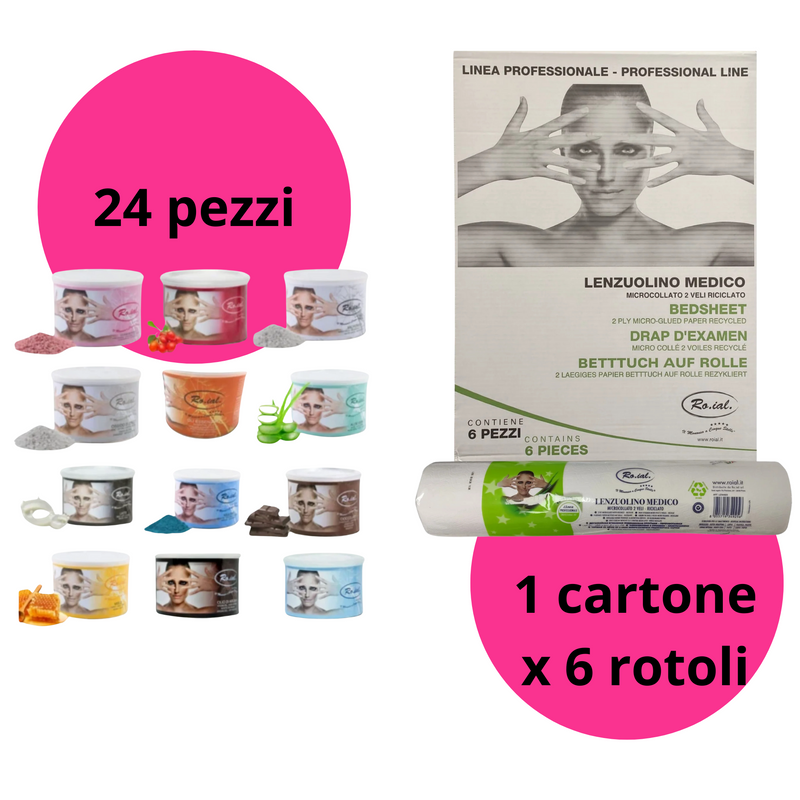 RO.IAL - promo cera liposolubile vaso 400 ml cartone 24 pz + live green rotolo lettino cartone 6 pz