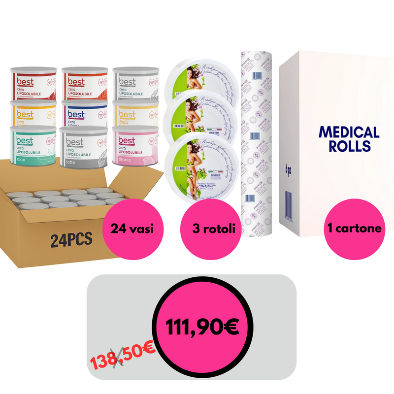 PROMO EPILAZIONE KING - Cere vaso cartone 24 pezzi + 1 Cartone lenzuolini MEDICAL ROLL + 3 Rotoli epilazione pretagliati
