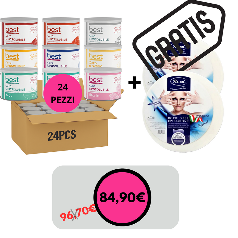 PROMO EPILAZIONE - BEST COSEMTICS cera liposolubile vaso 400 ml cartone 24 vasi + RO.IAL 2 rotoli epilazione OMAGGIO