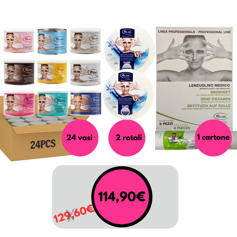 PROMO EPILAZIONE -  RO.IAL: 24 cere + 2 rotoli elipazione + 1 cartone rotoli lettino