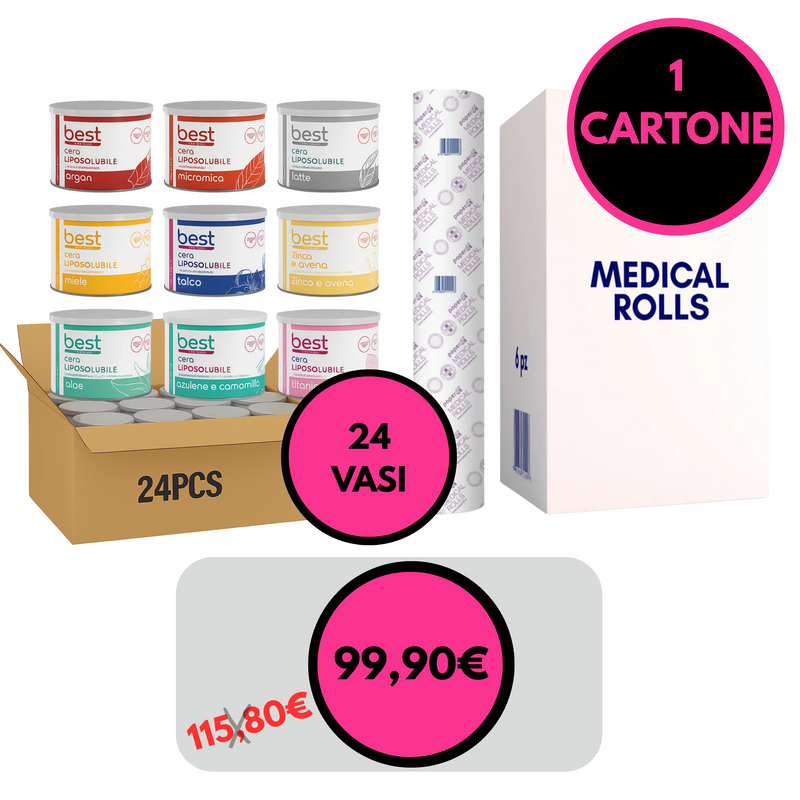 PROMO EPILAZIONE - cera liposolubile vaso 400 ml cartone 24 vasi + cartone medical roll 6 rotoli