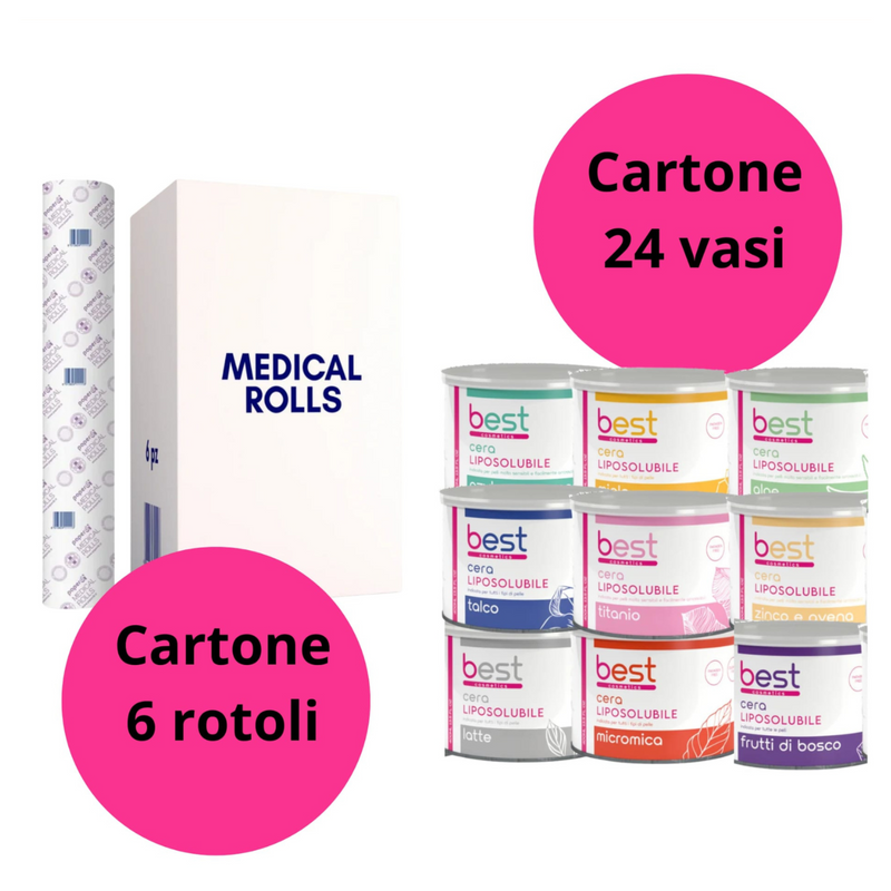 PROMO EPILAZIONE - cera liposolubile vaso 400 ml cartone 24 vasi + cartone medical roll 6 rotoli
