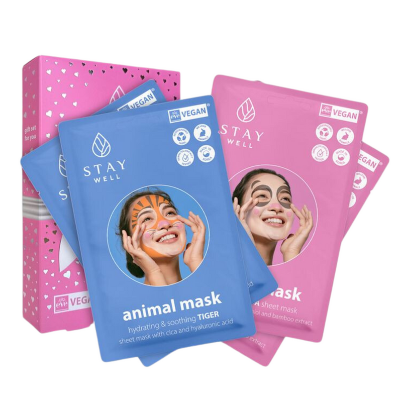 STAY WELL - Animal face mask maschere viso tigre/panda kit 4 pz