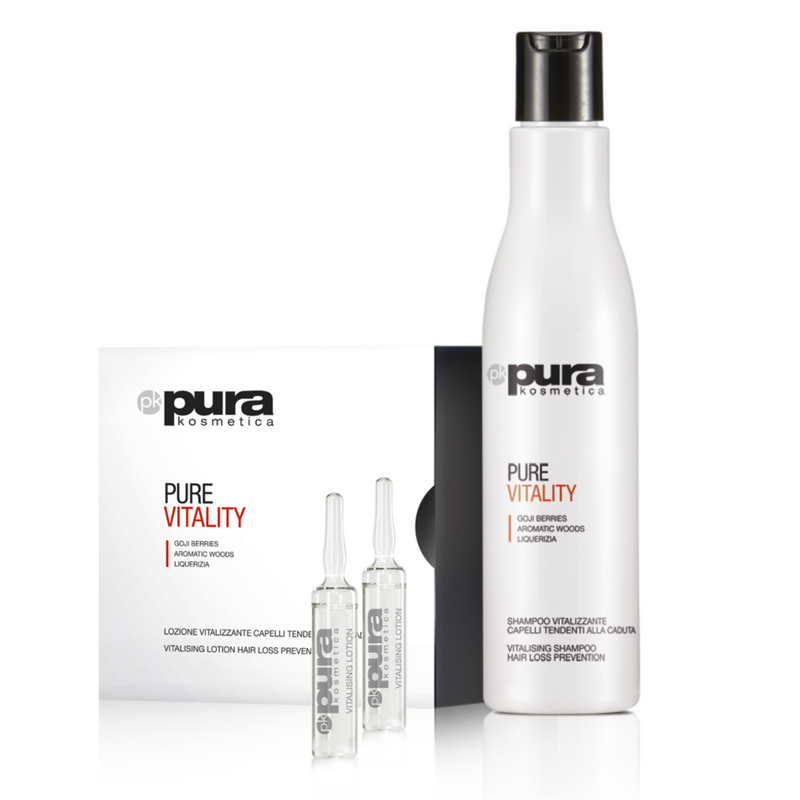 PURA KOSMETICA - kit pure vitality shampoo vitalizzante 250 ml  + fiale lozione 12 x 6 ml prevenzione caduta
