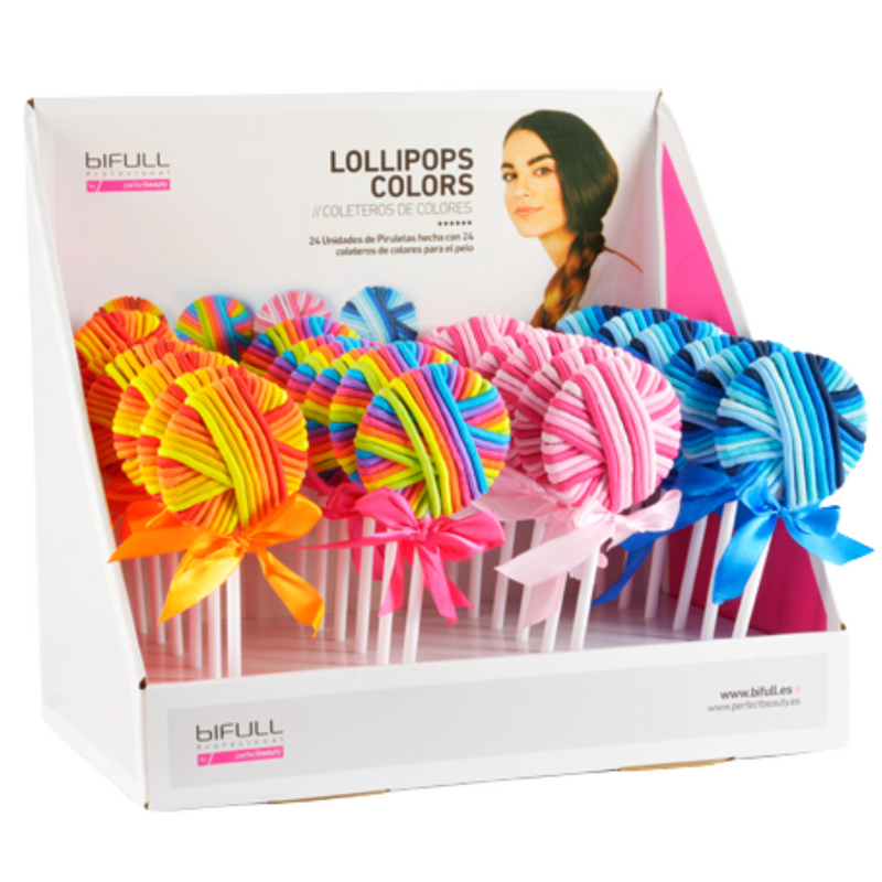 PERFECT BEAUTY - espositore lollipops colors 24 pezzi x 24 elastici per capelli cad.